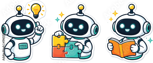 Cute robot mascot character set, friendly AI bot stickers for education and learning, 3 cartoon robot vector icons