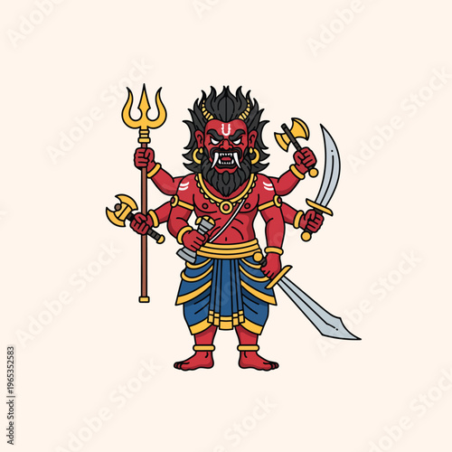 A fierce, multi-armed demon illustration with red skin, black hair, and an intimidating expression. He holds weapons like swords and axes