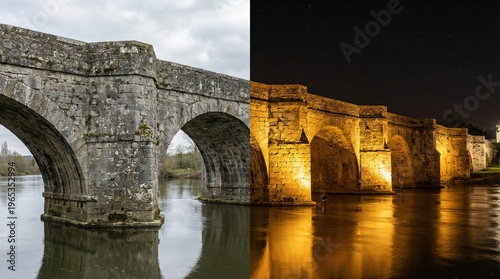 Ancient stone arch bridge dramatically illuminated at night over water