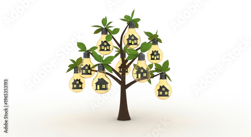 Conceptual Tree with Lightbulb Houses Representing Real Estate Investment, Smart Home Innovation, and Sustainable Growth