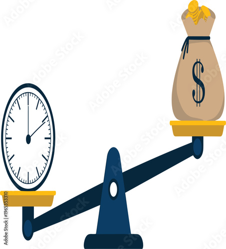 PrintTime versus money concept vector illustration, balance scale with clock and cash bag design