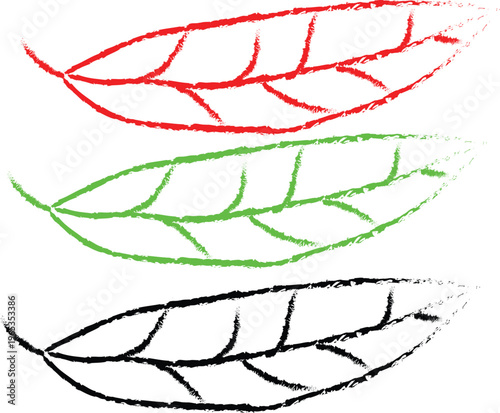 Hand drowning Three colorful leaves with veins on a white background