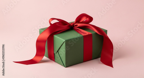 Elegant Green Gift Box with Red Satin Ribbon and Bow on Pastel Pink Background for Christmas and Holiday Celebrations