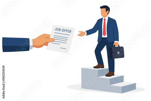 Man receives job offer on stairs with briefcase.