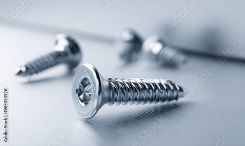 Close-up macro shot of shiny metal screws with star drive heads on a brushed metal surface