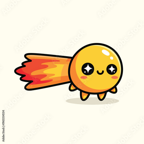 A cute, yellow creature, round in shape with a fiery trail. The character has big, sparkling eyes, rosy cheeks, and tiny feet. Background is light