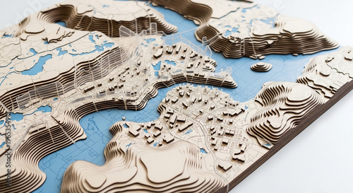 3D Wooden Topographic Map of a Coastal City with Architectural Details and Layered Waterways