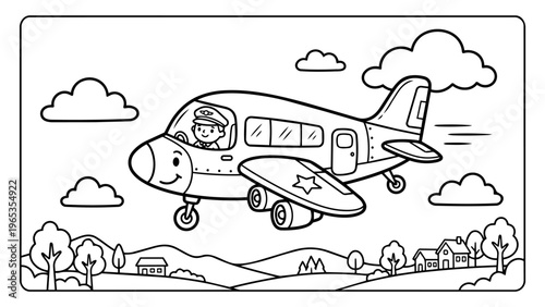 Airplane Coloring Page for Kids Simple Cartoon Outline Drawing