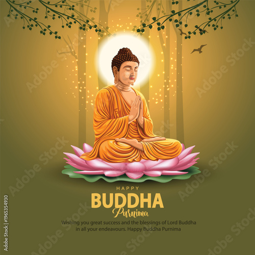Happy Vesak Day, Buddha Purnima wishes greetings with buddha and lotus illustration. Can be used for poster, banner, logo, background, greetings, print design. abstract illustration design.