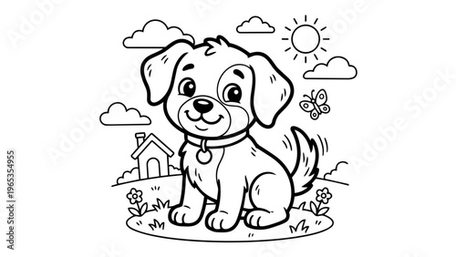 Cute Puppy Coloring Page for Kids Cartoon Outline Drawing Sheet