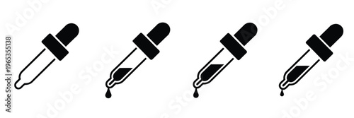 Eye, dropper icon set featuring line, solid, and flat styles with baby medicine dropper and liquid droplet symbols, healthcare and medical treatment concept, modern vector