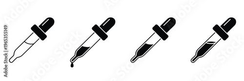 Eye, dropper vector icon collection in line, solid, and flat styles with liquid droplet symbols, representing medicine dosage, healthcare treatment, and medical care, clean modern design