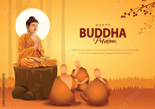 Happy Vesak Day, Buddha Purnima wishes greetings with buddha and lotus illustration. Can be used for poster, banner, logo, background, greetings, print design. abstract illustration design.