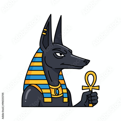 A flat-style illustration depicting a jackal-headed figure in profile, holding an Ankh. The character is dark grey with accents