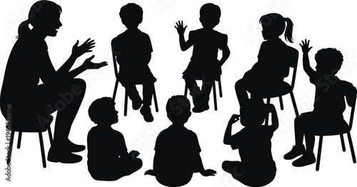 Black Silhouette Vector Illustration of a Female Teacher Talking to Children in a Circle for Classroom Education Kindergarten and Learning