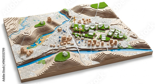 3D Architectural Scale Model of Urban Planning Project with Topographic Wood Layers and Sustainable City Design