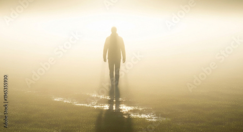Mysterious Figure Walking Through Thick Golden Mist: Ethereal Cinematic Landscape of Hope and the Unknown