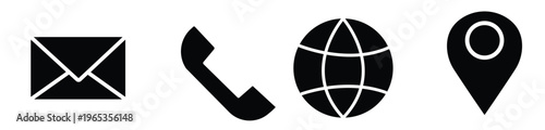 Set of Online Contact Icon Concept. Black Buttons Symbol of Call, Message and Web Communication. Handset Phone Email Pin, Globe,