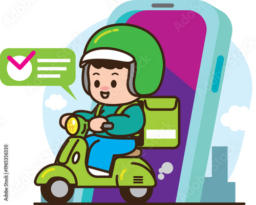 Adorable cartoon delivery boy riding a scooter to deliver food parcel