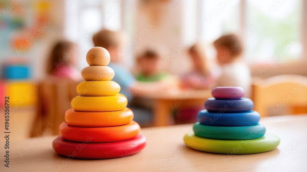 Fototapeta premium Colorful wooden stacking rings toys on a table with children in the background
