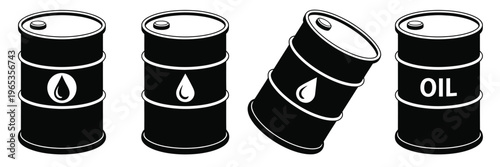 Oil, barrel icon set featuring petroleum fuel storage and energy industry symbols, modern flat vector illustration collection for industrial, logistics, apps, websites, and digital design