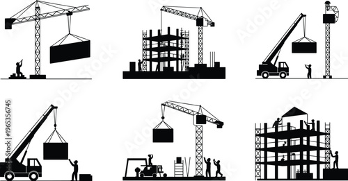 Black Silhouette Vector Set of Construction Site Scenes Featuring Tower Cranes Mobile Cranes and Workers Building Structures for Industrial Engineering