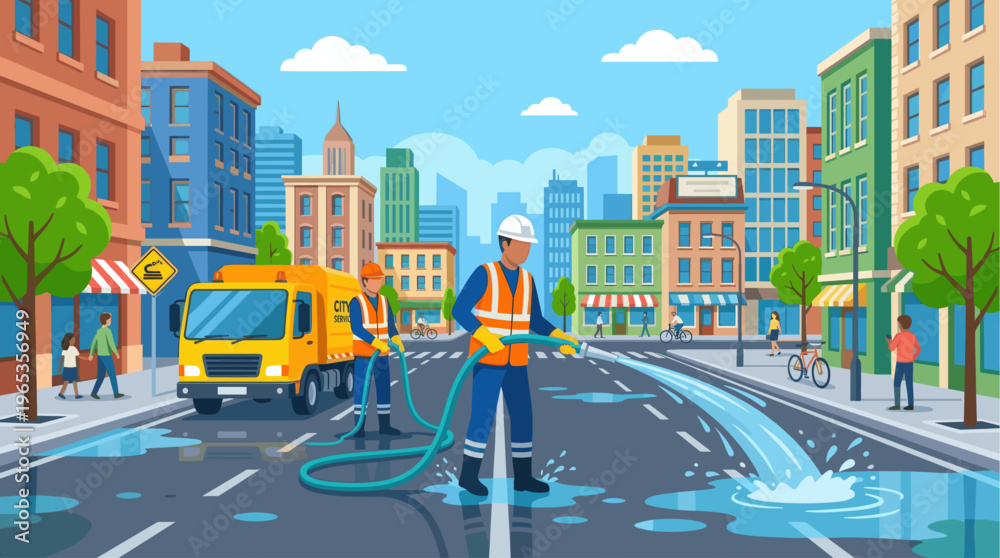 Obraz premium City workers in uniform clean a street with a hose from a service truck, surrounded by urban buildings and pedestrians under a bright blue sky.