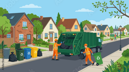Two sanitation workers in orange uniforms collect trash from bins on a sunny day in a quiet suburban neighborhood with houses and trees.