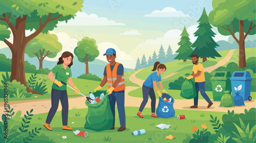 Diverse group of people working together to clean a park, collecting trash into bags and bins, promoting environmental awareness and teamwork.