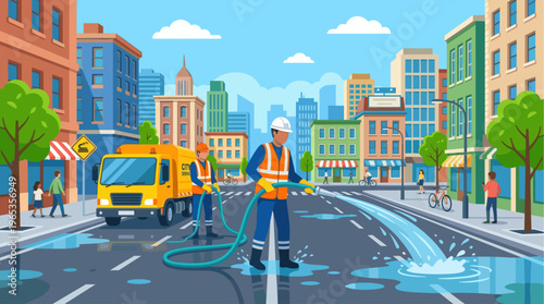 City workers in uniform clean a street with a hose from a service truck, surrounded by urban buildings and pedestrians under a bright blue sky.