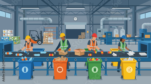 Workers in hard hats and safety vests sort recyclables like bottles, paper, and cans on a conveyor belt in a factory.