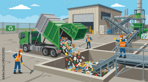 Workers in protective gear sort waste at a busy recycling facility, where a truck dumps refuse onto a conveyor belt leading to processing machinery.