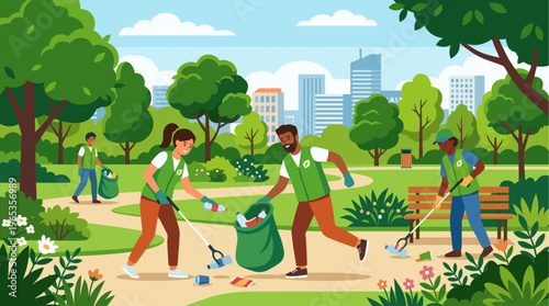Diverse group of volunteers are actively cleaning a park, collecting litter with bags and grabbers, with a modern cityscape visible in the distance.