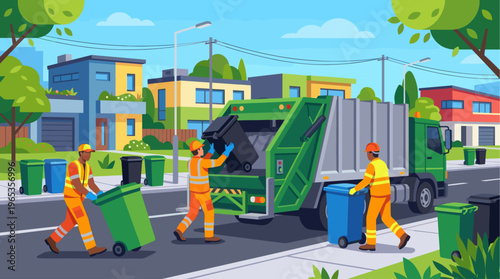 Sanitation workers in uniform collect trash bins beside a garbage truck in a suburban neighborhood with colorful houses and green trees.