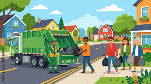 A friendly garbage truck worker collects trash bags from diverse residents on a sunny day in a clean suburban neighborhood with colorful houses.