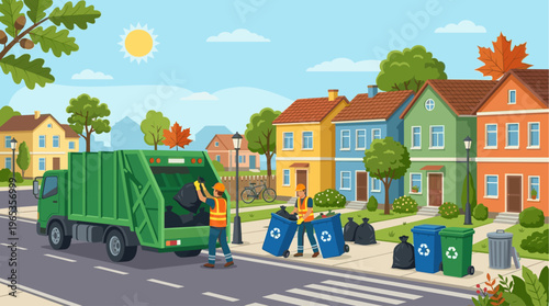 Sanitation workers in vests collect trash bags and bins next to a garbage truck on a sunny day in a colorful suburban neighborhood.