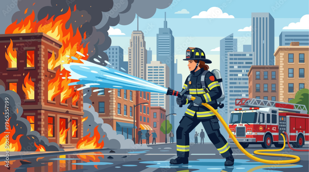 Naklejka premium A brave firefighter in full gear sprays water from a hose to extinguish a raging building fire in a city environment, with a fire truck nearby.