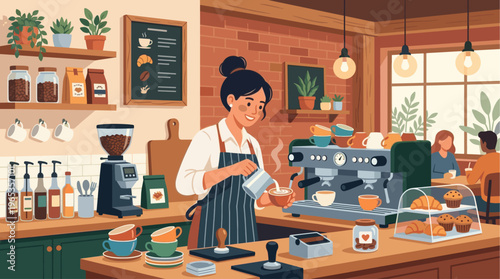 A friendly barista steams milk for latte art at a cozy cafe counter, with pastries and coffee beans visible.