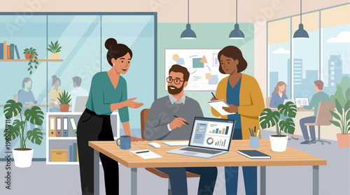 Diverse professionals collaborate in a bright, modern office, discussing data on a laptop and taking notes, suggesting teamwork and productivity.