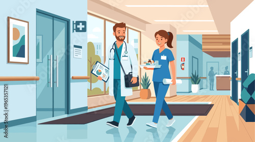 A male doctor and a female nurse walk side by side in a bright modern hospital corridor, smiling and carrying medical items.