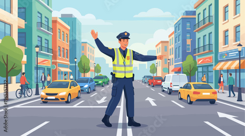 A friendly police officer in a yellow vest directs traffic in a colorful, flat design city street scene with cars, buildings, and pedestrians.