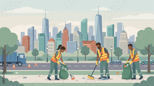 Diverse city workers in safety vests clean litter from sidewalks and streets against a backdrop of modern skyscrapers and trees, conveying urban maintenance and community care.