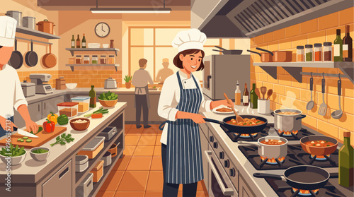 A bustling restaurant kitchen scene where chefs prepare meals, with a focus on a woman stirring a pot and another chopping vegetables, conveying teamwork and culinary artistry.