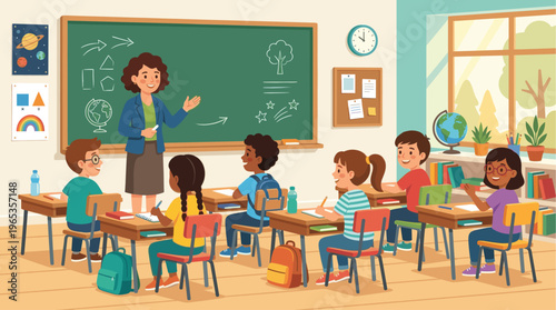 A friendly female teacher stands at a green chalkboard, gesturing to a diverse group of attentive elementary school students seated at their desks in a bright, cheerful classroom.