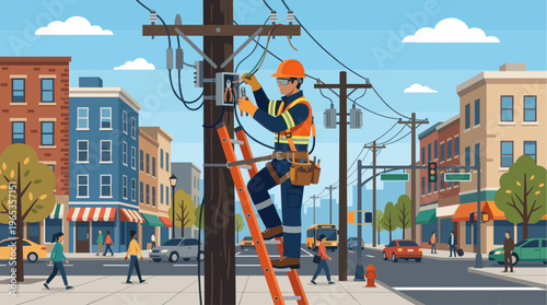 A flat illustration shows an electrician climbing a ladder to repair wires on a utility pole amidst a bustling city street with buildings and people.