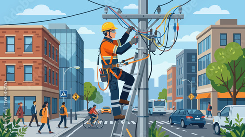 A focused electrician in safety gear climbs a ladder to repair overhead wires against a backdrop of urban buildings and a clear blue sky with clouds.