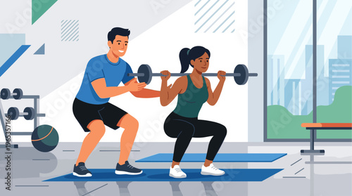 A male trainer helps a woman perform a barbell squat in a modern gym setting with large windows overlooking a cityscape.