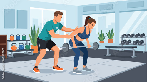 A male trainer guides a woman as she performs a barbell deadlift in a bright, modern gym, surrounded by weights and plants.