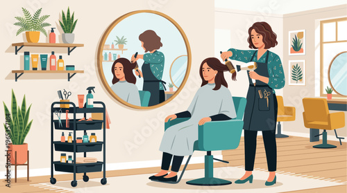 A cheerful hairstylist is blow drying a client's hair in a bright, modern salon, surrounded by plants and styling tools, creating a positive and welcoming atmosphere.