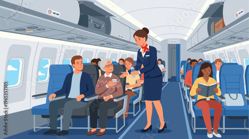 A friendly flight attendant in uniform offers drinks and service to diverse passengers seated in an airplane cabin during a flight.